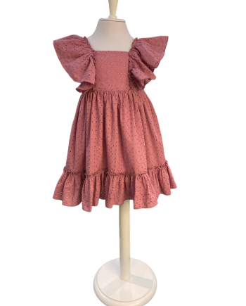 VESTIDO TALLE ALTO PERFORADO CON VOLANTES MALVA