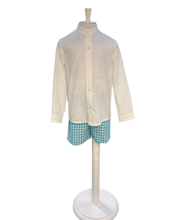 CONJ CAMISA CUELLO MAO Y BERMUDA VICHY TURQUESA