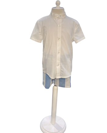CONJ CAMISA CUELLO MAO Y BERMUDA VERTICALES AZULONAS
