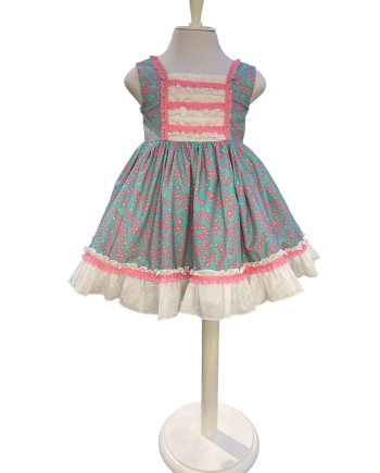 VESTIDO TALLE ALTO ESTAMP FLORECITAS VERDE Y ROSA