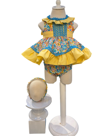 JESUSITO CAP Y BRAGUITA ESTAMP FLOREADO TURQUESA