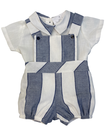 PETO CORTO BEBE EN LINO CON LINEAS NAVY BLUE