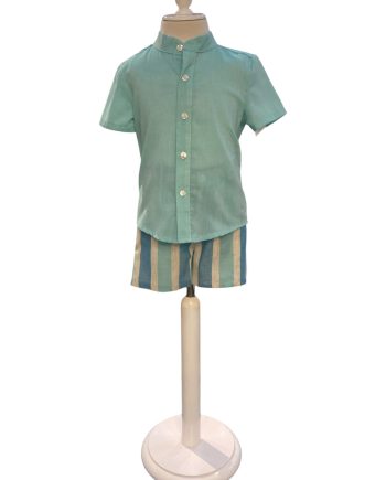 CONJUNTO BERMUDA Y CANISA CUELLO MAO LINEAS COMB LINO